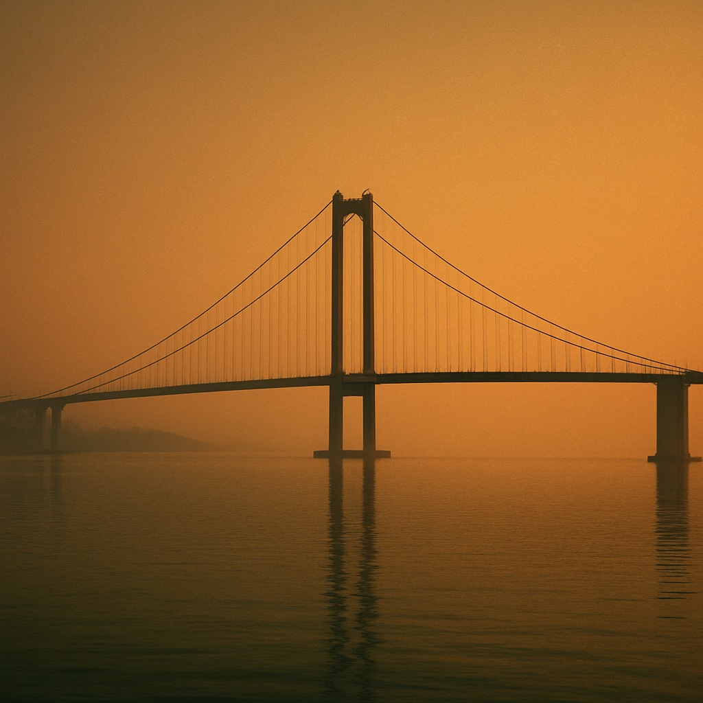 Un pont reliant deux rives dans la brume au coucher du soleil, métaphore du lien entre deux marchés