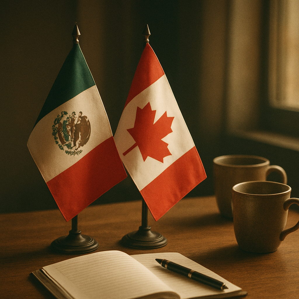 Drapeaux du Canada et du Mexique côte à côte sur un bureau, avec deux tasses de café et un stylo