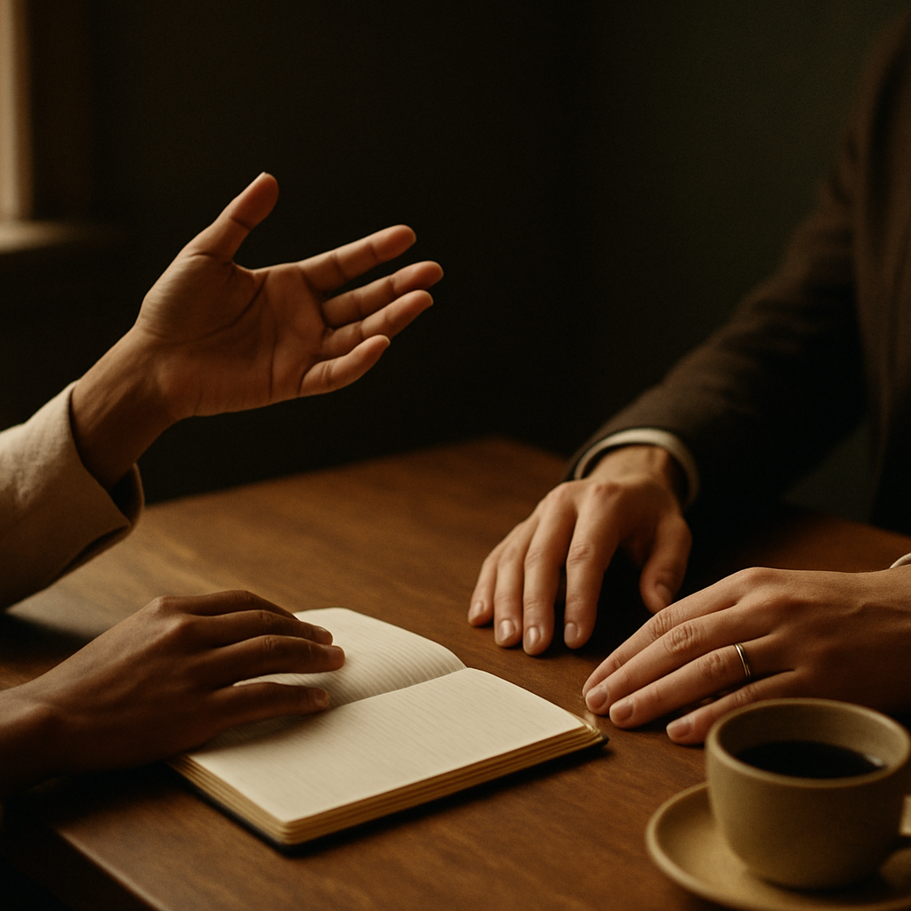 Deux personnes en conversation autour d'une table, carnet ouvert et cafés : la relation humaine et la confiance au cœur de l'accompagnement