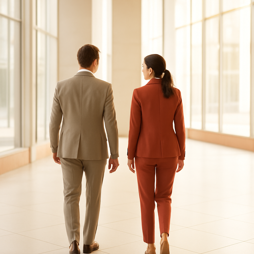 Deux professionnels adultes marchent côte à côte en silhouette dans un couloir d'entreprise à contre-jour