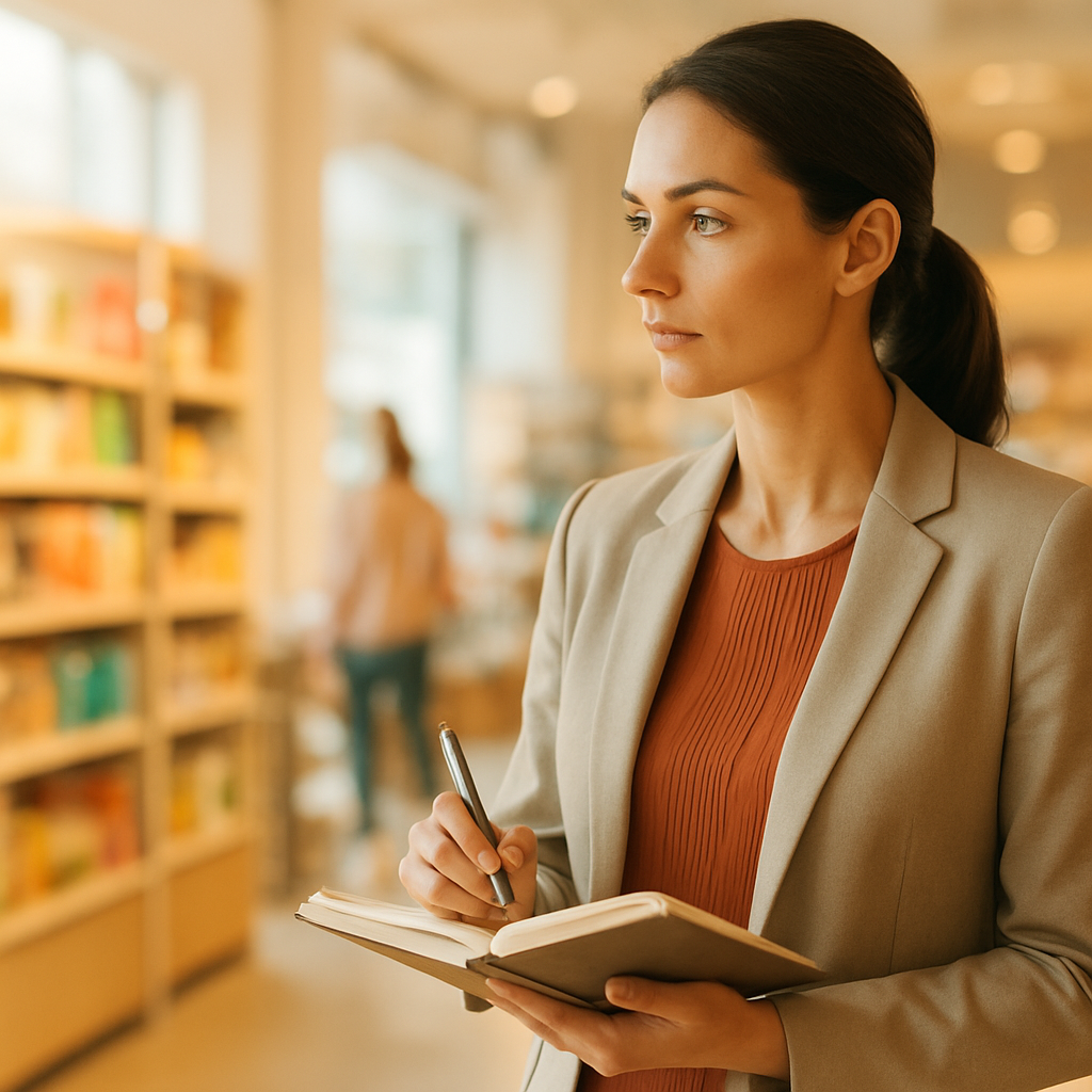 Une consultante observe et prend des notes dans un commerce moderne et lumineux