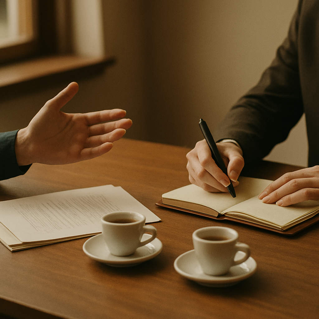 Mains autour d'une table de réunion, l'une explique, l'autre prend des notes