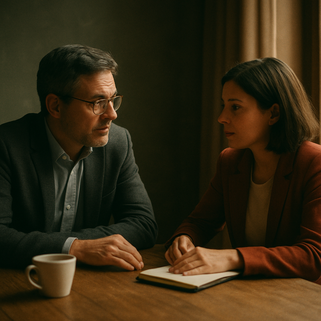 Conversation d'affaires sobre autour d'une table, lumière chaleureuse